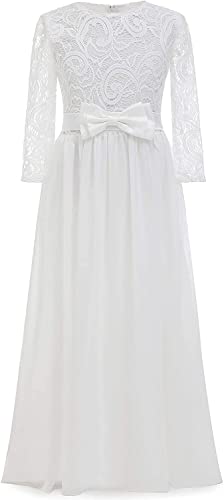 Kinder Boho Lang Spitzenkleid 3/4 Ärmel Chiffon Kleid mit Gürtel und Schleife/Chic A-Linie Cocktailkleid...