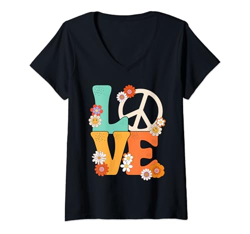 Damen Friedenszeichen Liebe 60er 70er Jahre Shirts 70er Jahre Outfits für Frauen T-Shirt mit V-Ausschnitt