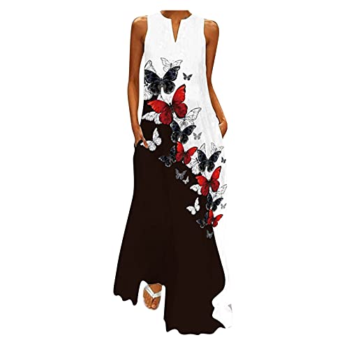 Sommerkleid Damen, Damen Freizeitkleid V-Ausschnitt Ärmellos Kleider mit Tasche Sonnenblume Drucken Maxikleider Boho...