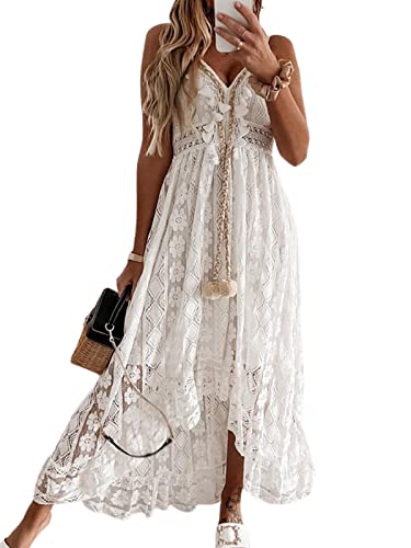 CUPSHE Damen Sommerkleid V Ausschnitt Floral Spitze Quasten Spaghetti Trägerkleid Freizeitkleider Hi-Low Party Boho...