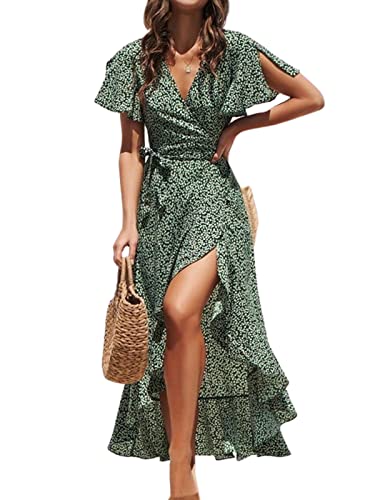 CUPSHE Damen Kleid V Ausschnitt Kurzarm High Low Wickelkleid Rüschensaum Lange Freizeitkleider Sommer Strand Maxi Dress...
