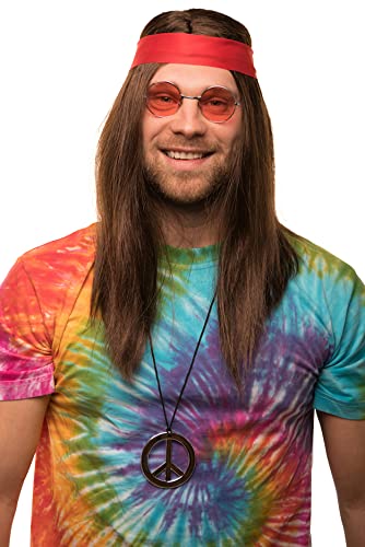 Balinco Hippie Set mit Perücke + runde Sonnenbrille + Peace Anhänger + rotes Kopfband für Herren & Damen 70er Jahre...