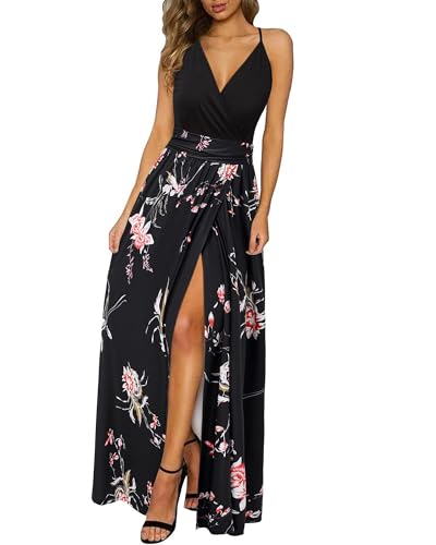 Newshows Sommerkleid Damen Lang Maxikleid Sommer V Ausschnitt Kleid Schlitz Freizeitkleid Elegant für Hochzeitsgast...