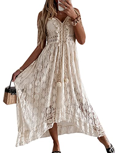 Onsoyours Damen Ärmellos V-Ausschnitt Retro Sommer Spitzen Strandkleid Maxi Kleider Boho Lang Lose Sommerkleid Elegant...