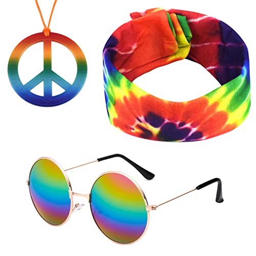Karjiaja 3 Stücke Hippie Kostüm Set Hippie Accessoires mit 60er Jahre Retro Vintage Brille, Friedenszeichen Halskette...
