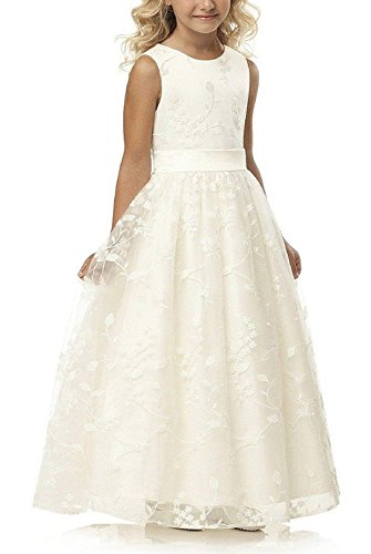 Aibaowedding Chic Lange Kinder Kommunionkleid Sommerkleider aus Besticktem Tüll mit Satin Gürtel/Boho A-Linie...