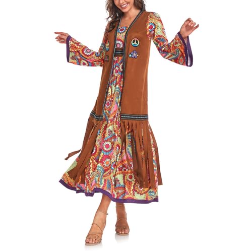 Rxuaw Hippie-Kostüm für Damen im Stil der 60er und 70er Jahre mit Stirnband Boho Langarm Bohemian Kleid für...