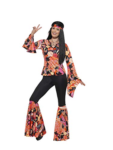 Smiffys 45516L - Damen Hippie Kostüm, Oberteil, Hose, Kopftuch und Medaillon, Größe: 44-46, mehrfarbig