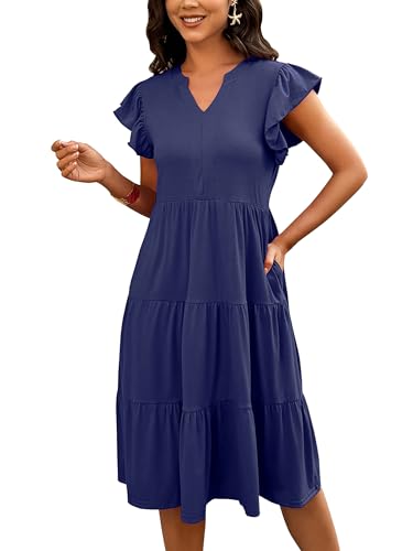 SEVETAT Damen Abgestuft Lang Sommerkleid Rüschenärmel V-Ausschnitt Midi Kleid Casual Lose Midikleid Mode Einfarbig...