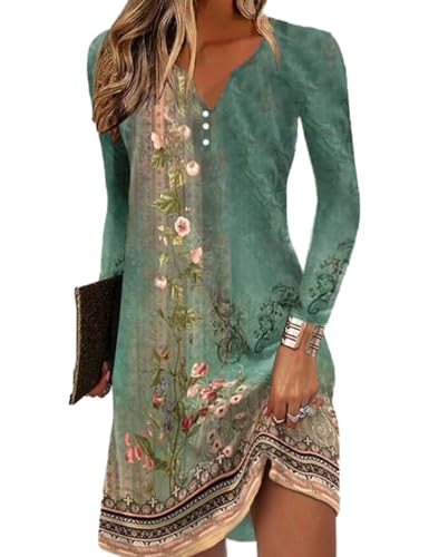 Yeenily Sommerkleid Damen V-Ausschnitt Strandkleid Damen Kleid Langarm Damen Boho Kleidung Damen Elegant Kleid Festlich...