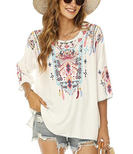 Vakakado Boho Stickerei Bluse Hippie Kleidung Damen 70er 80er Jahre Bekleidung Bohemian Folklore Besticktes Tunika...