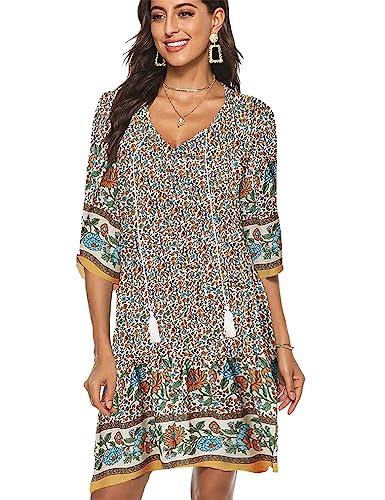 BDTECAOR Damen Bohemian Krawatte Vintage Printed Ethnic Style Sommer Shift Kleid Aprikose XXL