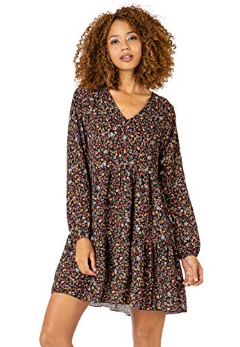 Sublevel Damen Herbst Kleid mit Blumen-Muster Langarm Black L/XL