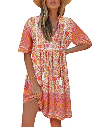 Kidsform Damen Kleider Tshirt Kleid Kurzarm Tunika Boho Blumen Sommerkleid für Damen V-Ausschnitt Minikleid Shirt Lose...