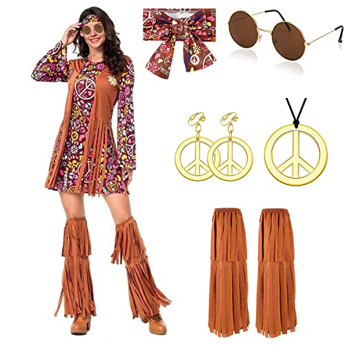 YADODO Hippie Kostüm Damen Kleid Set 70er Jahre Bekleidung Damen 70er Jahre Kostüm Damen FaschingsKostüm kleid Damen...