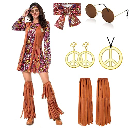 Hippie Kostüm Damen Kleid Set mit Hippie Accessoires 70er Jahre Bekleidung Damen FaschingsKostüm kleid Damen Frau 60er...