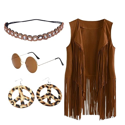 Damen Hippie-Hosen-Set, Hippie-Kostüm Damen mit Hippie-Weste, Hippie-Hosen, Hippie-Brille und Hippie-Accessoires für...