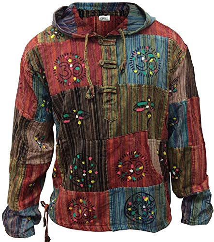 SHOPOHOLIC FASHION Stonewashed Streifen Patchwork Hippie Kapuze Großvater Shirt - Multi, Multi, 3XL