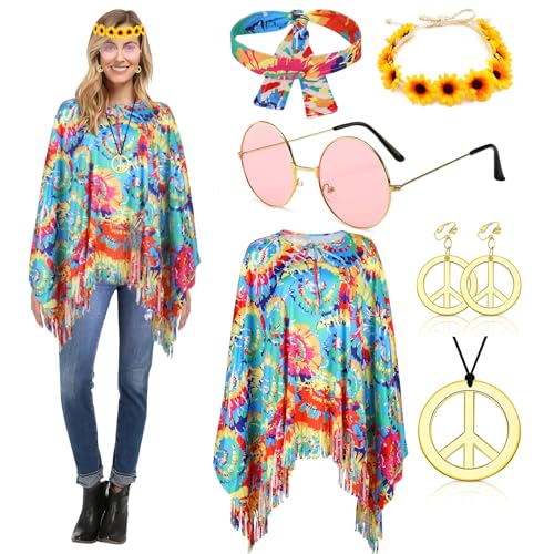 YADODO Hippie Kostüm Damen Poncho Set mit Hippie Accessoires 60er 70er Jahre Bekleidung Damen Frau Hippie Kleidung...