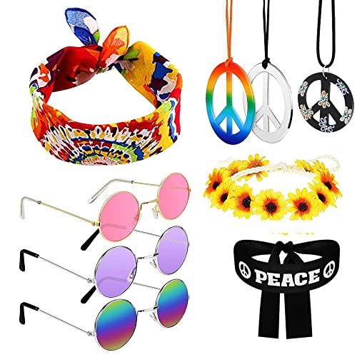UYUYong Hippie Kostüm Set Retro Hippie Accessoires Herren Damen Runde Sonnenbrille Peace Zeichen Halskette Halskette...