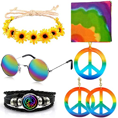 Weploda 7 Stück Hippie Accessoires, Hippie Kostüm Damen, Hippie Kostüm, Kommt Mit Sonnenbrille, Stirnband,...