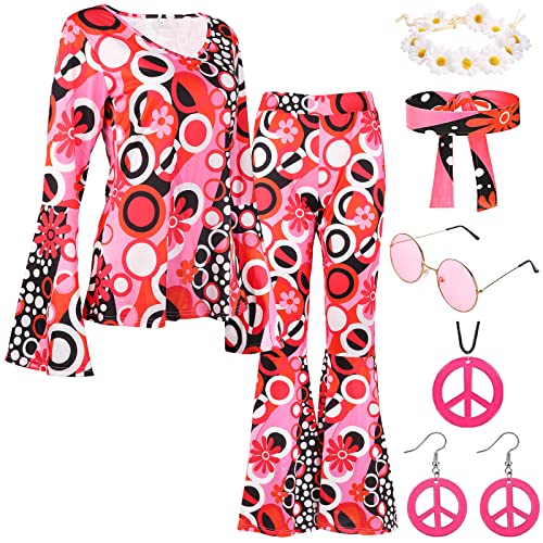YADODO Hippie Kleidung Damen Set mit Hippie Oberteil Schlaghose Damen Accessoires 60er 70er Bekleidung Damen Hippie...