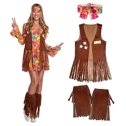 Morph Hippie Kostüm für Damen, 70er Jahre Verkleidung, 60er Hippie Kleid, Retro Outfit, Festival Look, Boho Stil, L