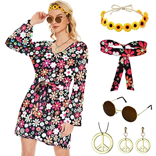 Ulikey 6 Stück Hippie Kostüm Damen Set, 60er 70er Kleid Hippie Kleidung Frauen Mädchen Disco Kleider, 70er Jahre...