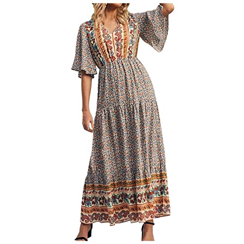 Strandkleider Damen Elegant Sommer Kleid Lang Vintage Hippie Böhmen Ethno Style Druck Kurzarm Ärmel V Ausschnitt...