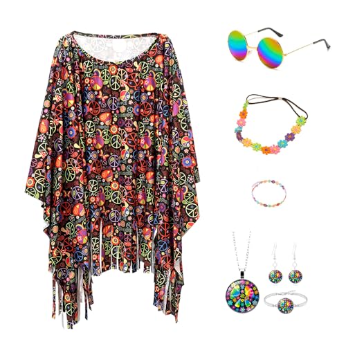 Hippie Kostüm Damen Set,7 Stück Damen Poncho Set,60 er 70er Jahre Hippie Kleidung,Hippie Kostüm Set,Faschingskostüm...