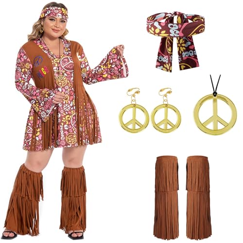 cuteDIY 70er Jahre Kostüm Damen 70er Jahre Kleid Hippie Kleid Damen Hippie Kleidung