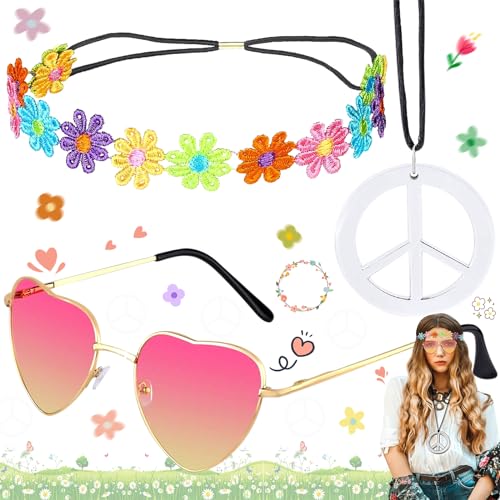 WiDream Hippie Kostüm, Hippie Kostüm Damen, Hippie Accessoires, Hippie Haarband, Vintage Hippie Brille Im Stil 60er...